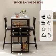 Space-Saving Industrial Dining Table Set For 2 – Upholstered Chairs, Metal Frame, Open Storage Shelves, Integrated Glass Holder – Counter Height For Restaurants, Cafés, Small Apartments - Grey - View 6