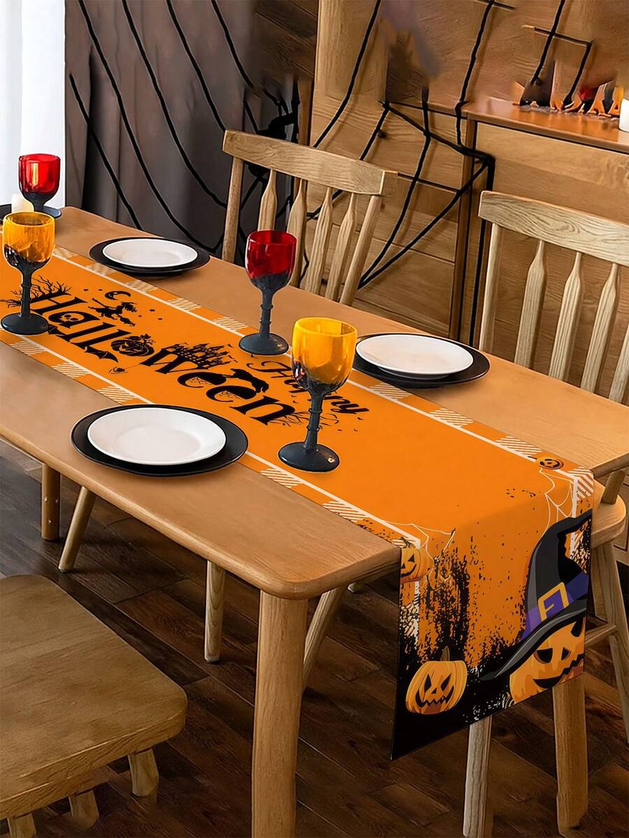 1pc, Graffiti Style Halloween Table Runner,Microwave Dust Cover,Protective Cover,Rectangular Tablecloth,Washable,Suitable For Home Dinner,Coffee Table,Kitchen And Dining Room Decoration,Dining Table Decoration Party And Scene Decoration,Home Decor,Outdoor Patio Table Runner Decoration,Entrance Decoration,Fireplace Cloth Decoration - Multicolor - View 1