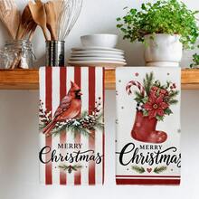 2PCS Kitchen Towels Christmas Red & White Striped Floral Bird Christmas Sock Pattern Printed 40*60cm Minimalist Style Rectangular Microfiber Soft Kitchen Towels, Dish Cloths, Tablecloths, Hand Towels, Christmas Home Decor, Bathroom & Kitchen Decor, Neighbor Housewarming Gift, Perfect For Kitchen & Bathroom Use, Suitable For Housewives And Family Gatherings, Great Value, Home Essential - Red and White - View 8