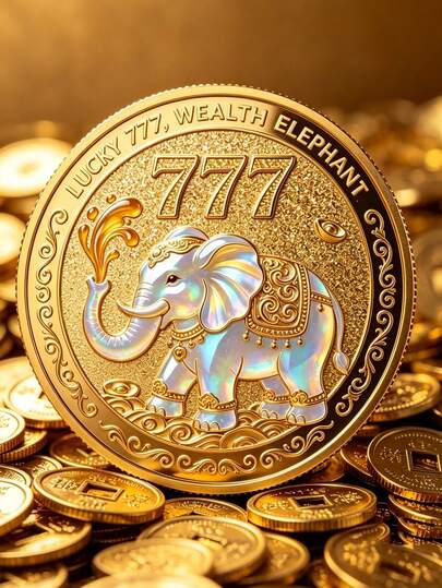 2D Plane 777 Wealth‑Attracting Elephant Commemorative Coin | Holographic Water‑Spraying Wealth‑Attracting Elephant Lucky Token, 777 Lucky Collectible Medal, Wealth‑Drawing Amulet Decorative Collectible,Tourist Souvenir Coins,With Protective Case
