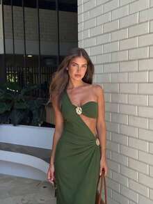 夏季女款金屬裝飾純色抹胸比基尼洋裝3件套，優雅海灘度假派對、聖誕與萬聖節穿搭 - 軍綠色 - 查看 2