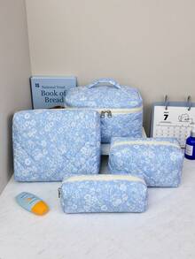 Blue Casual Ditsy Floral Makeup Bag Set, Large Capacity Multi-Layer Handbag, Multi-Functional Double-Layer Storage Bag, Built-In Mesh Pocket Compartment, Smooth And Durable Metal Zipper, Large Capacity Multi-Size Partitioned Toiletry Bag, Can Store Multiple Makeup Tools And Cosmetics, Women's Makeup Bag, First Choice For Travel And Daily Use - Blue and White - View 16