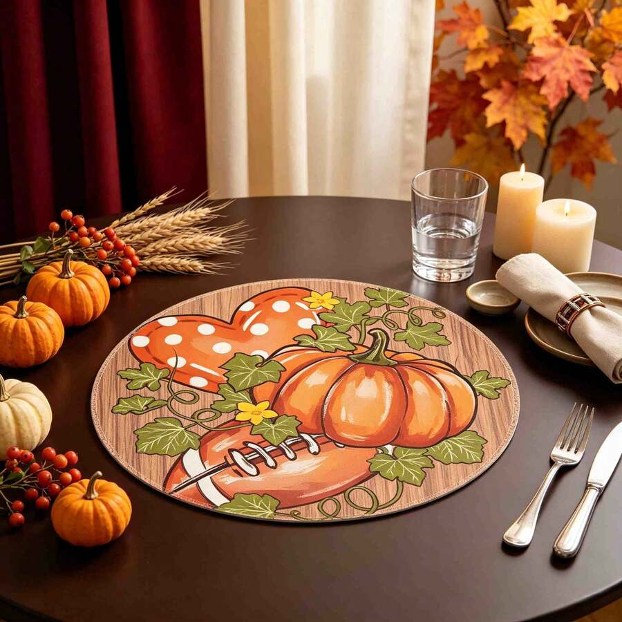 1/4/6pcs Autumn Collection Wood Grain Bottom Football Heart Pumpkin Hand-Painted Pattern Placemats, Suitable For Home Kitchen, Made Of Polyester Fiber, Kitchen Table Decoration, And Party Scene Decoration - Multicolor - View 1