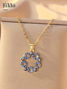 Hihho 1pc Evil Eye Floral Wreath Pendant Necklace, Multicolor Zirconia Options, Hollow Floral Wreath Circular Design, Inlaid With Evil Eye Pattern, Symbolizing Good Luck, Perfect Gift Accessory - Wreath - View 4