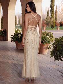 HOMEYEE Women's Embroidered Elegant Hoco Long Backless Tie Strap Fitted Cocktail Dress For Birthday Party - Gold - View 2