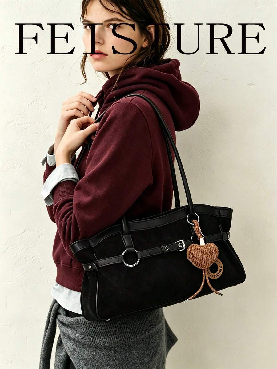 FEISTURE 1件裝麂皮女款扣飾肩背包，時尚吊飾手提包，適合女孩、女性、大學生、職場新人與白領上班族，完美適用於工作、商務、通勤與上學