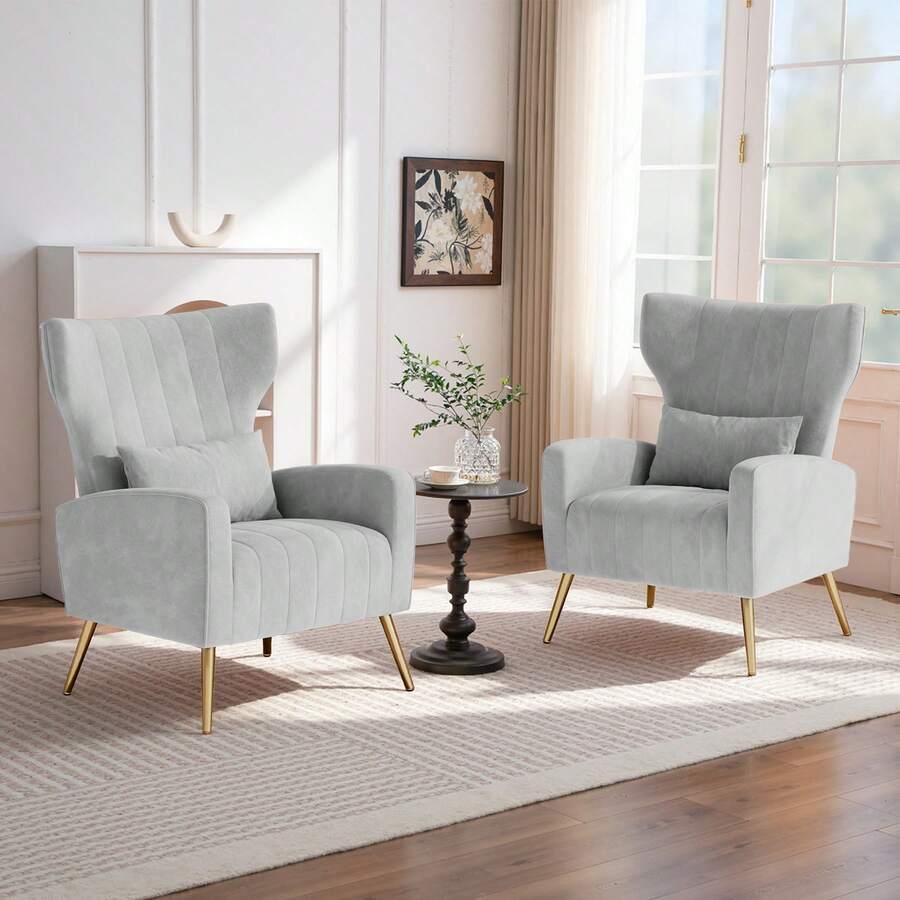 Nalupatio Modern Velvet Accent Chair, High Back Armchair With Lumbar Support & Gold Metal Legs, Comfy Upholstered Lounge Reading Chair For Living Room, Bedroom, Home Office - Light Grey - View 1