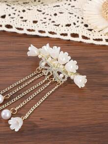 1pc Vintage Lily Of The Valley Pearl Tassel Spring Hair Clip, Hanfu Hair Accessory Side Clip, Gentle Fairy-Like Floral Rhinestone Headpiece - Multicolor - View 3