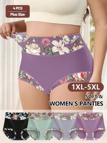 MIOTAN 4pcs Plus Size Women's High Waist Soft & Comfortable Printed Briefs, Everyday Wear - Multicolor - View 2