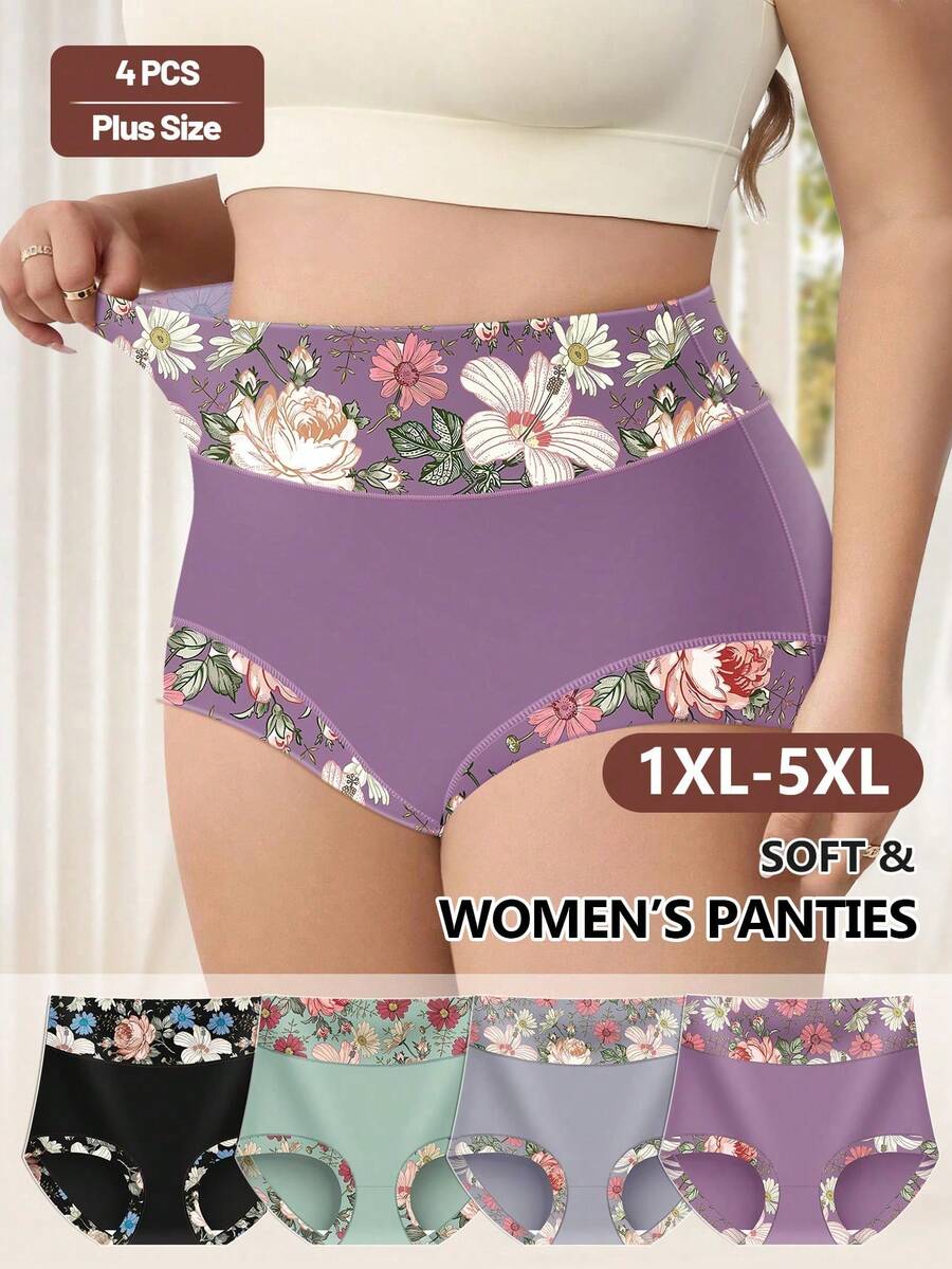 MIOTAN 4pcs Plus Size Women's High Waist Soft & Comfortable Printed Briefs, Everyday Wear