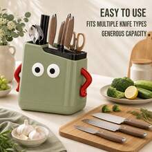 1pc Cute Cartoon Face Knife Holder, Multi‑Slots Knife Organizer With Built‑In Chopstick Holder & Pull‑Out Drip Tray, Space‑Saving Kitchen Countertop Storage Rack - View 8