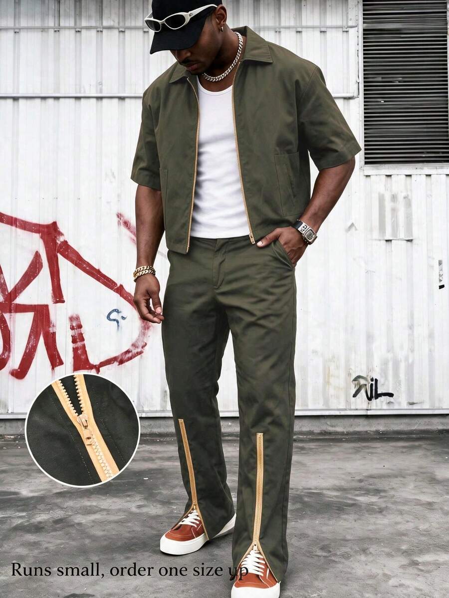 Men's Lightweight Comfortable Polyester Fabric Short Sleeve & Long Pants Set, Minimalist Street Style, Casual Outdoor Daily Wear, Summer