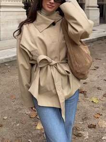 Jaket Kemeja Wanita Warna Khaki dengan Sabuk, Jaket Musim Gugur Ringan Berkerah Ukuran Besar - Khaki - View 7