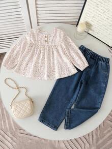 Girls' Gentle Small Ditsy Floral Half-Button Puff Sleeve Blouse & Elastic Waist Wide Leg Denim Jeans Casual 2-Piece Set, Spring/Autumn - Multicolor - View 2