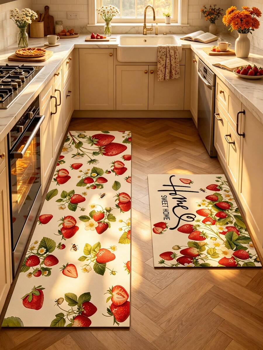 1/2pcs Diatomaceous Earth Mat, Vintage Strawberry Pattern, Super Absorbent, Non-Slip, Perfect For Bathroom, Kitchen And Dining Room, Quick Drying, Ideal Home Decor And Bathroom Mat Gift, Holiday Gift! - Multicolor - View 1