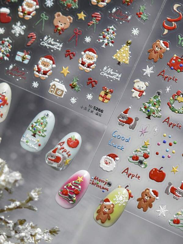 Christmas Nail Stickers Luxury Crystal Diamond Cartoon Bear Tree Apple Back Glue Nail Art Stickers DIY New 3D Nails Decorations