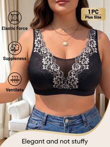 MEIYATING 1pc Plus Size Full Coverage Wireless Floral Lace Romantic Elegant Contrast Color Push Up Bra For Daily Wear - Black - View 5