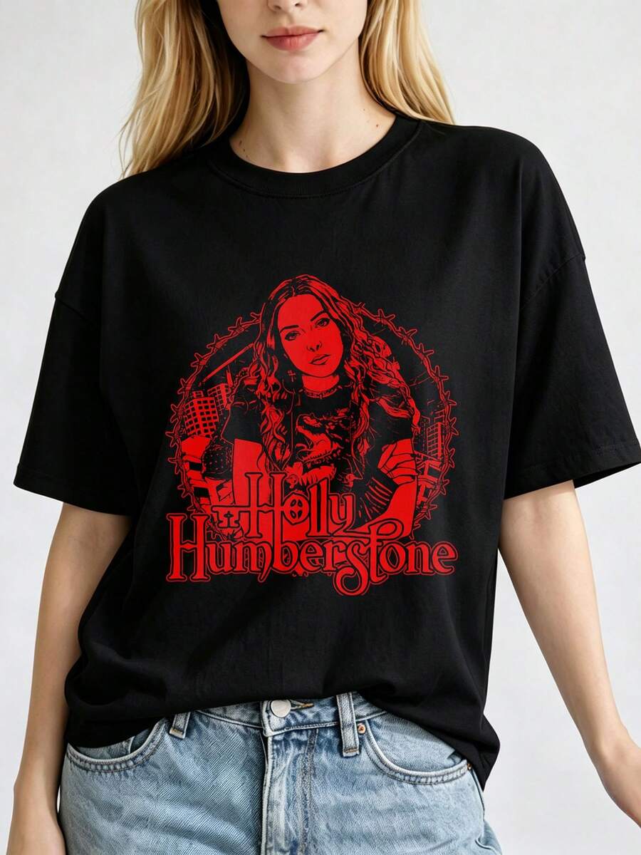 Holly Humberstone Red Retro Portrait T Shirt, Barbed Wire Gothic Artist Graphic Print Crew Neck Tee. - Black - View 1