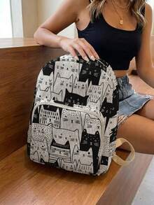 1 Piece Backpack, Women's Mini Backpack, Corduroy Girl's School Bag, Travel Storage Bag, Kitten‑Printed Design, Large‑Capacity Foldable Easy‑To‑Store Bag, Lightweight And Pressure‑Relieving, Multi‑Pocket Layered Design With Zipper Closure - Cartoon Kitten - View 4