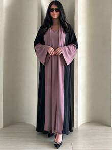 Contrast Color Open Front Abaya Set With Matching Hijab, Flare Sleeve Elegant Muslim Long Robe, Dubai Style Islamic Outfit - Multicolor - View 10