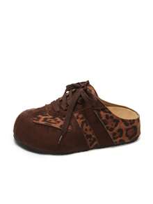 New Women's Comfortable Versatile Closed-Toe Half-Back Lace-Up Fashion Platform Thick Sole Suede Slip-On Hidden Height Casual Shoes Suitable For Daily Wear - Leopard Brown - View 9