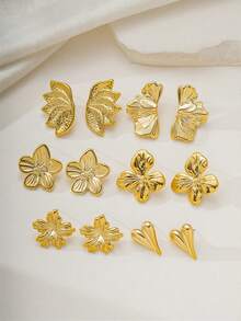 2/12PCS Gold Metal Floral Heart Earring Set, Vintage Embossed Flower Stud Earrings, Versatile For Commute, Vacation, Daily Wear And Dating - Gold - View 3