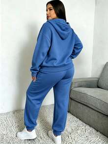 Conjunto de dos piezas para mujer talla grande, sudadera con capucha y media cremallera con cordón y bolsillos, pantalones de jogging con cintura elástica - Azul vaquero - Ver 2