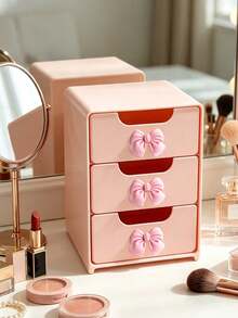 Pink Bow Decor Mini Desktop Drawer Storage Box, Multi-Layer Plastic Jewelry & Cosmetic Organizer, Non-Electric Desktop Organizer, Suitable For Vanity, Bedroom, Office, Can Store Various Daily Necessities, Fits Home, Makeup Table, Living Room Scenes For Decoration - Multicolor - View 2