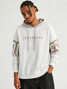 Men's Spring/Autumn Thin Contrast Color Letter Print Drawstring Hooded Sweatshirt, Slim Fit Sports Casual Top - White - View 1