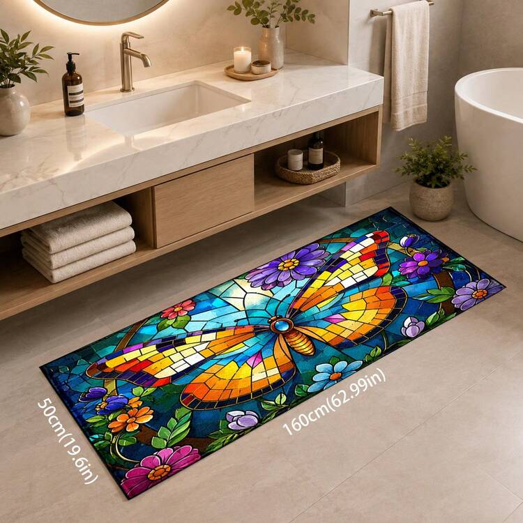 1pc Butterfly Pattern Printed Faux Cashmere Kitchen Mat, Absorbent Kitchen Floor Mat, Kitchen Carpet, Long Runner Rug, Sink Front Mat, Suitable For Kitchen, Bathroom, Entryway, Hallway, Laundry Room And Home Decor - Multicolor - View 13