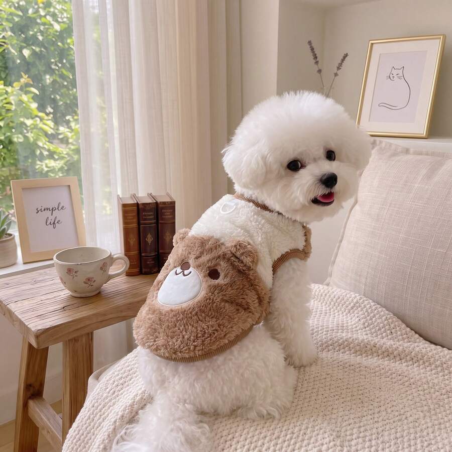 Two-Tone Plush Vest With Cute Bear Pattern And 3D Ears, Thick Warm Pet Clothes For Autumn/Winter, Suitable For Small And Medium Dogs - Brown - View 1
