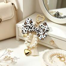 Y2K Leopard Print Bow Bag Charm, Pearl Tassel Heart‑Shaped Keychain Pendant, Gold Heart Hook Backpack Handbag Hanging Ornament For Girl Gift - Bow Knot Pearl Heart Bag Charm - View 4