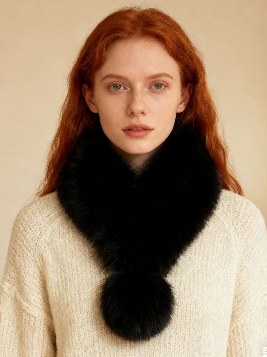 1pc Autumn/Winter Korean Style Thickened Solid Color Faux Rabbit Fur Plush Scarf, Warm Cross Collar Neck Warmer - Multicolor - View 1