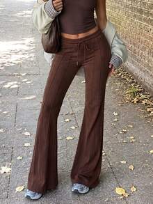 Women's Brown High Waisted Sweatpants Drawstring Flared Wide Leg Bootcut Casual Lounge Wear- - Brown - View 3