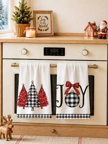 2pcs Christmas Black Plaid Christmas Tree & Christmas Ball Illustration Pattern Kitchen Towels, Soft Polyester Material Dish Cloths, Suitable For Kitchen Decor, Kitchen Cleaning, Holiday Party Decoration, Kitchen & Bathroom Supplies Home Essentials, Home Decor, Housewarming Gift - Multicolor - View 7