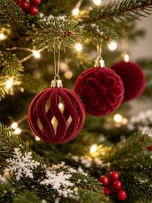 15pcs-Wine Red Christmas Flocked Ball Set, European Style Ins-Inspired Irregular Flocked Christmas Ball Set, Christmas Party Decoration - A - View 2