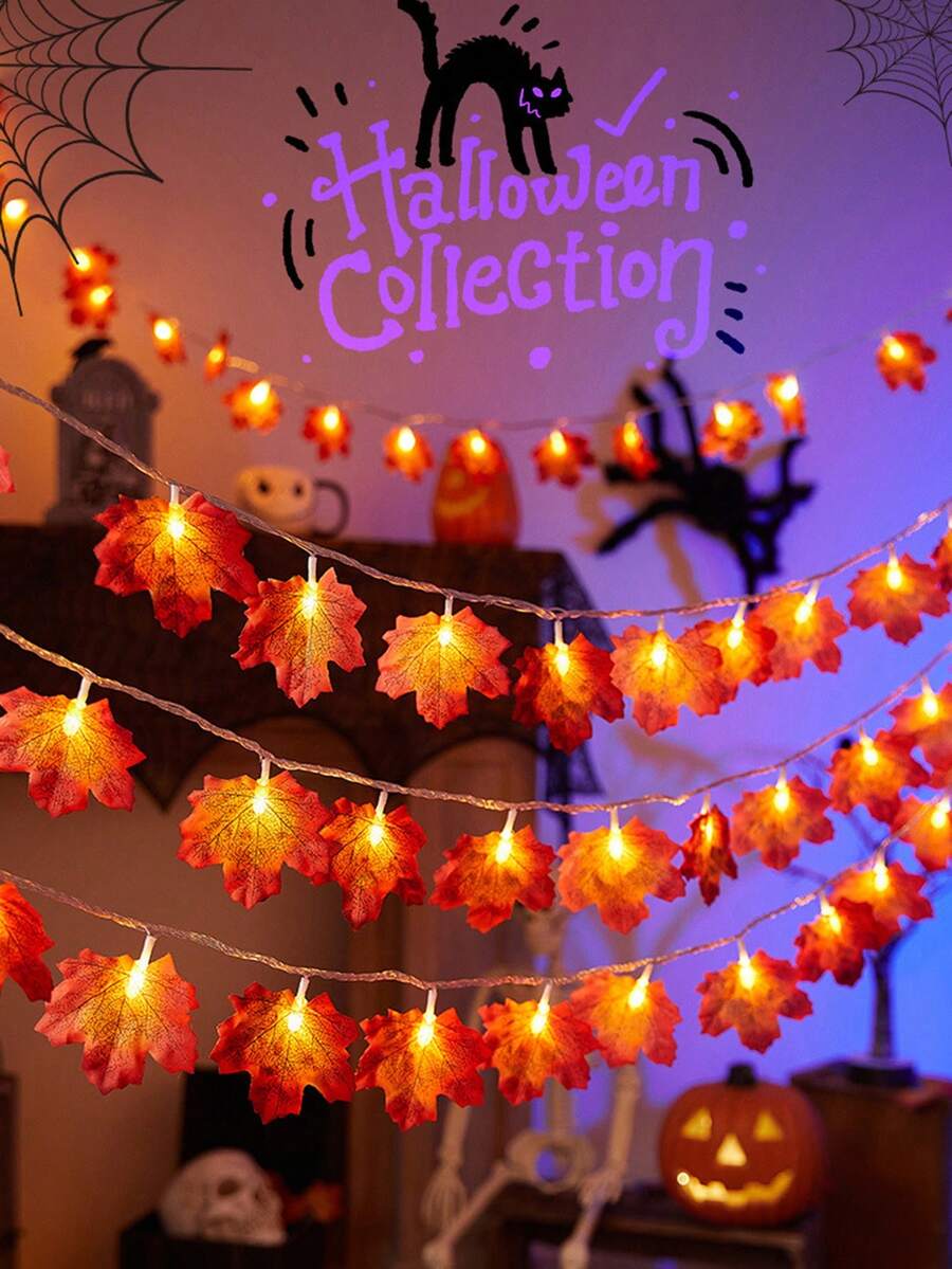 1pc Halloween Maple Leaf Light String, Maple Leaf LED Fairy Light, Indoor Festival Party Decoration, Maple Leaf Wall Hanging Light, Battery Powered,Fall Maple Leaf LED Light,Halloween Supplies,Artificial Maple Leaf