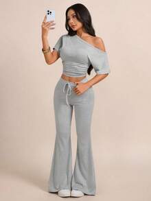 Women's Gray One-Shoulder Short Sleeve Fitted Cropped Top With Drawstring Flare Pants 2 Pieces Set, Casual Minimalist Sexy Hot Girl Style - Flecking Gray - View 5