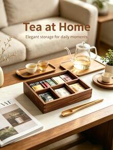 Multi-Compartment Solid Wood Tea Bag Storage Box, Divided Wooden Tea Canister, Decorative Desktop Organizer For Tea Bags, Coffee Capsules, Living Room Tabletop Decor - Walnut - View 9