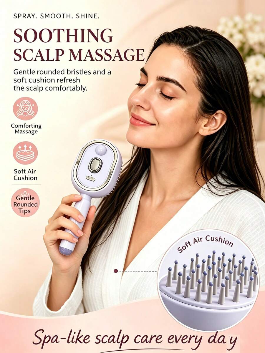Portable Nano Mist Electric Massage Comb, One-Click Retractable Teeth For Easy Hair Removal, Soft Air Cushion Round Tooth Scalp Massager, USB Rechargeable Hydrating Detangling Styling Comb, Suitable For Home And Travel, Available In Pink - - A - View 1