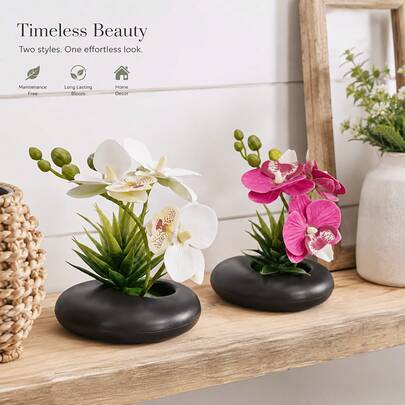 1pc Maintenance-Free Artificial Phalaenopsis Orchid Mini Bonsai, Desktop Faux Flower Vase Potted Plant Decor, Exquisite Design, Durable And Elegant, No Care Needed. Suitable For Teacher's Day, Thanksgiving, Indoor Halloween Decoration, Housewarming Party Indoor Scene Decoration, Can Be Placed In Living Room, Study, Entrance Hall, Brighten Up Space Atmosphere, Versatile Home Decor Item, Ideal Holiday Gift, Long-Lasting Beauty Without Wilting, Indoor Plant Potted Flower Arrangement Decor.