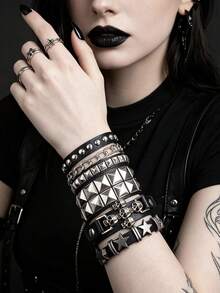 1/4/8pcs PU Leather Studded Punk Bracelets For Men Women Gothic Skull Rivet Cuff Wristband Adjustable Punk Rock Accessory For Halloween Party,Festival - Multicolor - View 5