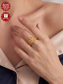 1pc Elegant Gold 925 Sterling Silver Ring, Exquisite Carved Hollow Craftsmanship, Size 7-11, Suitable For Daily Wear, Comes With Gift Box - Gold - View 6