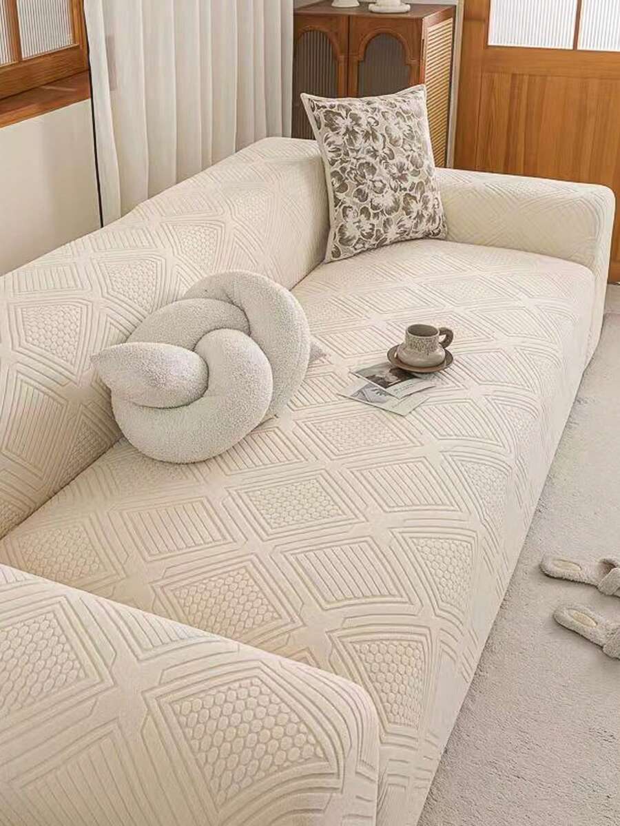 1pc Soft Solid Color Minimalist Line Sofa Cover, Stain-Resistant Wear-Resistant Non-Slip Sofa Slipcover, All-Season Use Sofa Seat Cushion Cover Full Sofa Cover, Machine Washable Hand Washable No Fading No Pilling Elastic Sofa Cover - Beige - View 1