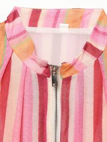 Women's Pink Striped Colorblock Baseball Jacket, Lightweight Zipper Long Sleeve Casual Y2K Street Style Spring Autumn Fashion Coat - Multicolor - View 7