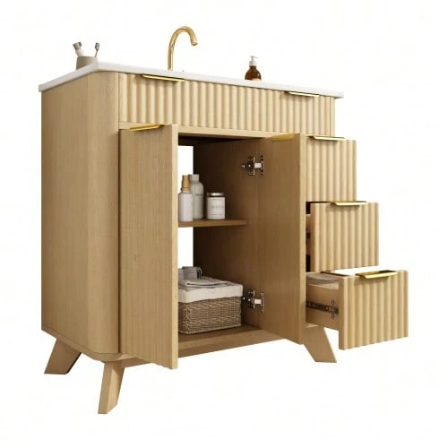 81 Cm Freestanding Bathroom Cabinet With Decorative Wave Design, Warm Natural Wood Tone, 3 Drawers And Double Doors With Shelf – Faucet Not Included - Natural Color - View 1