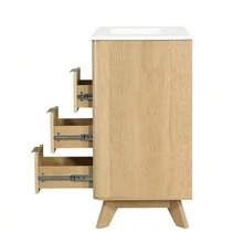 81 Cm Freestanding Bathroom Cabinet With Decorative Wave Design, Warm Natural Wood Tone, 3 Drawers And Double Doors With Shelf – Faucet Not Included - Natural Color - View 10