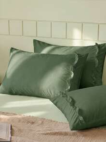 1pc/2pcs Solid Army Green Pillowcase With A Bow And Ruffle Trim (Without Insert), Polyester Fiber Comfortable And Breathable Suitable For All Seasons, Applied To Bedroom Scenes And Home Decoration, Simple Classic Style, Cozy Bedding, Home Decor - Army Green - View 7
