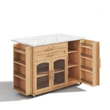 Mobile Kitchen Island With Foldable Work Surface, Kitchen Cart, 5 Wheels, Multiple Storage Solutions, Spice Rack, Cutlery Drawer, 120 X 45 (70) X 90 Cm - Natural Color - View 11