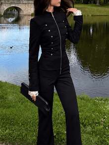 Women's Military Style Stand Collar Zip-Up Jacket With Decorative Metal Buttons, Fishtail Hem, Lace Trim Cuffs, Slim Fit Long Sleeve Outerwear - Black - View 5